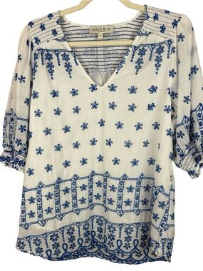 Hale Bob Cotton White Blue Embroidered Eyelet Boho Peasant Blouse Top Medium